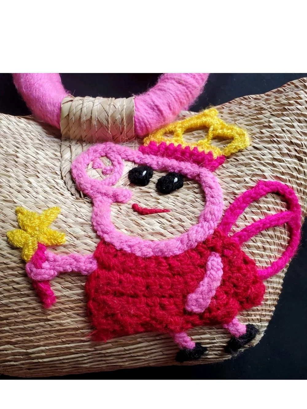 Fabulous Straw Purse With Homemade Crochet Peppa Pig Fairy Design Cute & Unique!